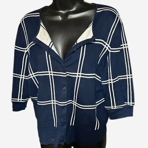 Chaps Navy and White Plaid Cardigan Sweater